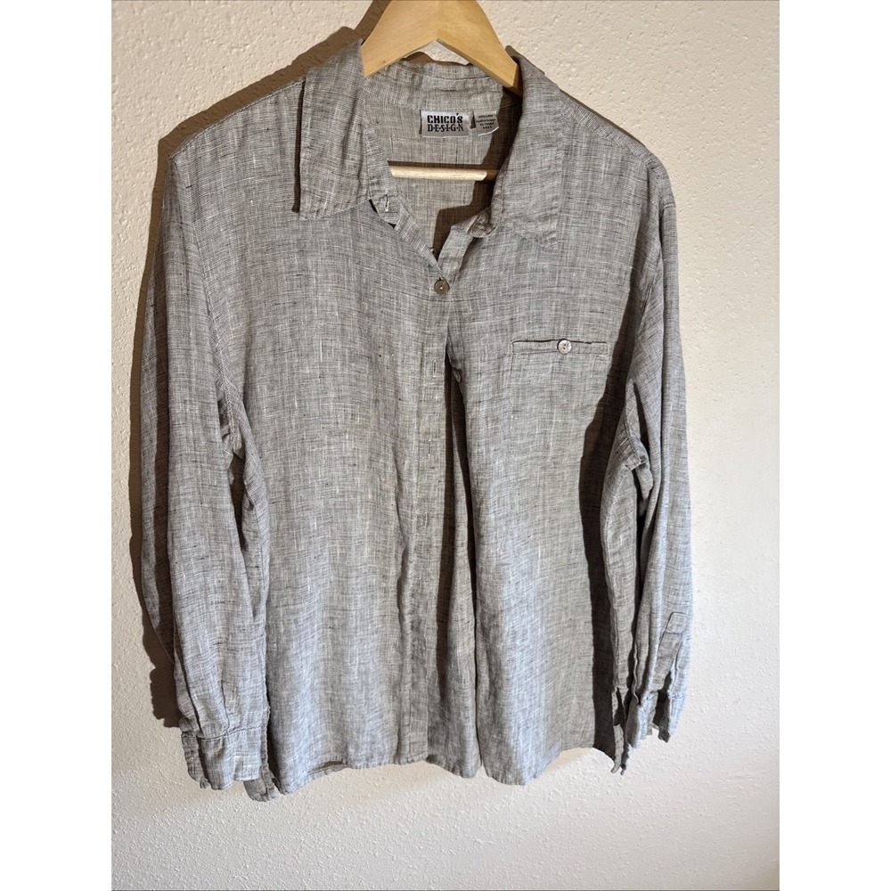 Vintage Chicos 100% Linen Tan LS Pearl Button Up Sz 3 Lagenlook Minimalist Artsy